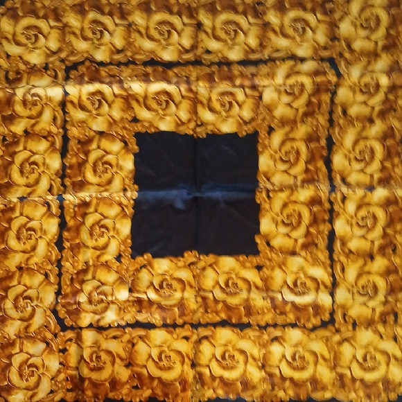 Authentic Chanel Camelia Black Golden Silk Scarf W/box - Picture 1 of 12
